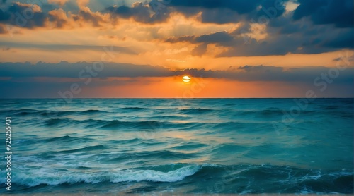 Blue ocean water surface with horizon and a orange cloudy sky from Generative AI