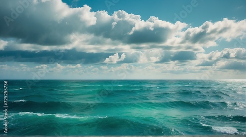 Blue ocean water surface with horizon and a green cloudy sky from Generative AI