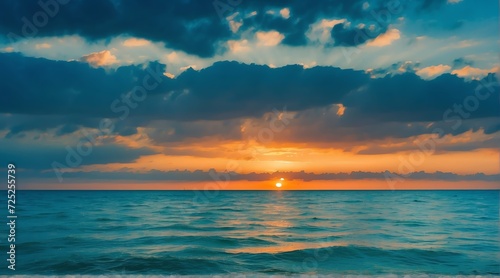 Blue ocean water surface with horizon and a orange cloudy sky from Generative AI
