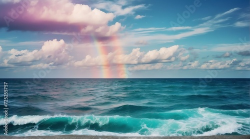Blue ocean water surface with horizon and a colorful rainbow cloudy sky from Generative AI © Arceli