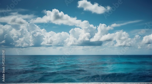 Blue ocean water surface with horizon and a cloudy sky from Generative AI