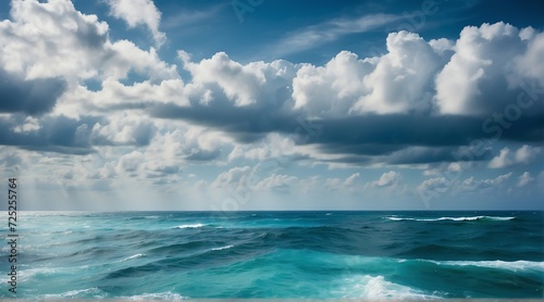 Blue ocean water surface with horizon and a cloudy sky from Generative AI