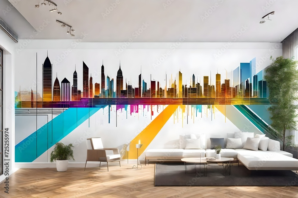 Φωτογραφία interior of a house, sticker of buildings on the wall