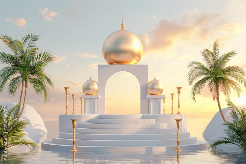 beautiful and serene scene of a white architectural structure with golden domes surrounded by palm