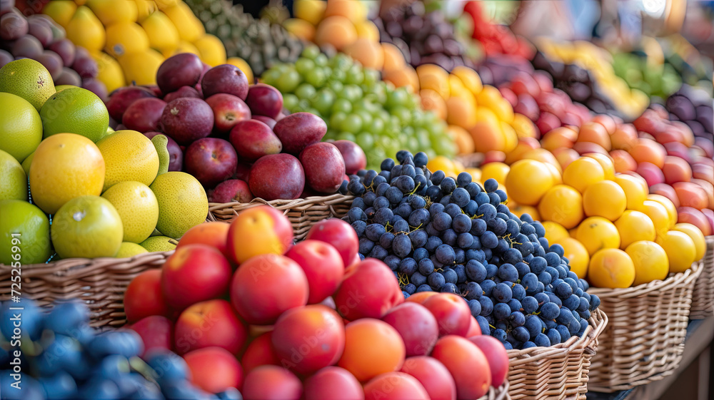 An array of seasonal fruits neatly arranged in baskets.