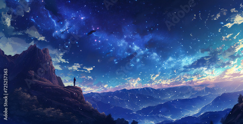 an animation showing a mountainous scenery and a starry night
