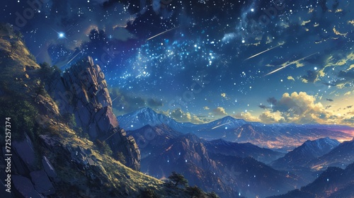 an animation showing a mountainous scenery and a starry night
