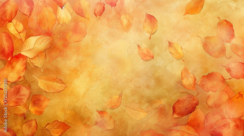 background image for presentation with an autumnal feel, featuring falling leaves and a strong orange hue - obrazy, fototapety, plakaty 