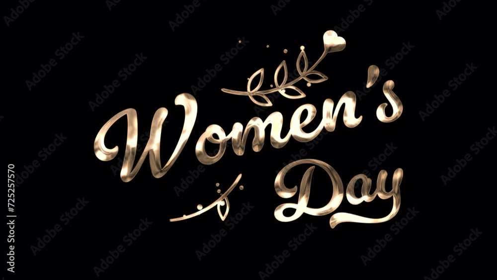 Happy Women's Day Text Animation. Animated text with golden particles and ink effect, good for International Women's Day events, celebrations and greeting cards. Features 4K and transparent Background