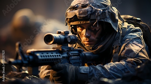 Close-up of a military sniper taking aim from a concealed position, highlighting precision marksmanship photo