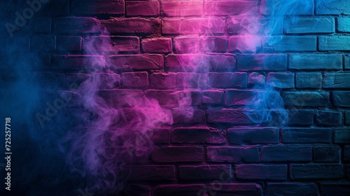 Background of an empty brick wall with neon lights and smoke