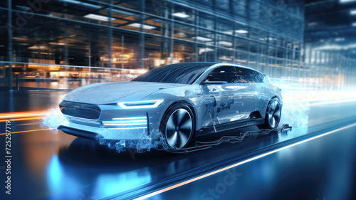 Hydrogen fuel cell vehicle illustrated in operation, highlighting emission-free and efficient energy production