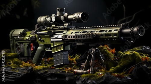 Close-up of a sniper rifle with a high-powered scope and camouflage