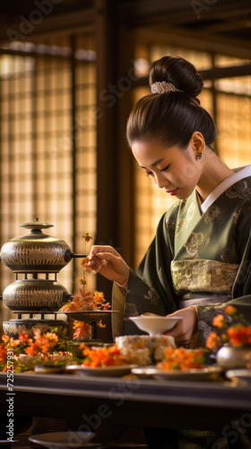 The image captures a serene traditional tea ceremony The focus lies on the intricate details of the ceremony--the pouring of tea, the delicate movements, and the emotions exchanged. The photo aims to 
