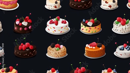 Seamless pattern with different types of cakes on dark background.