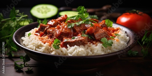 Delicious home-cooked meal with beef, pickled cucumbers, tomato sauce, rice, and parsley.