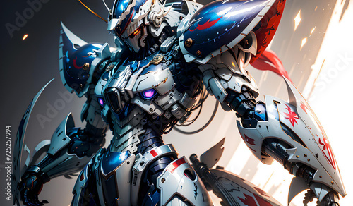 Anime mecha standing facing sideways with a dynamic angle pose, dark background. Cool anime mecha for wallpaper. Futuristic photo