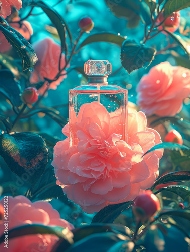 commercial photography, Vogue cover,a perfume bottle standing front a large camellia flower , in the style of technicolor dreamscape, vray tracing, sandara tang, light pink and emerald, desertpunk, be photo