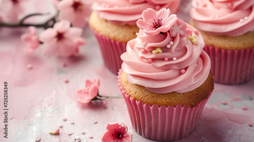 Cupcakes with pink frosting and cherry blossom topping, sakura-inspired dessert for a hanami party