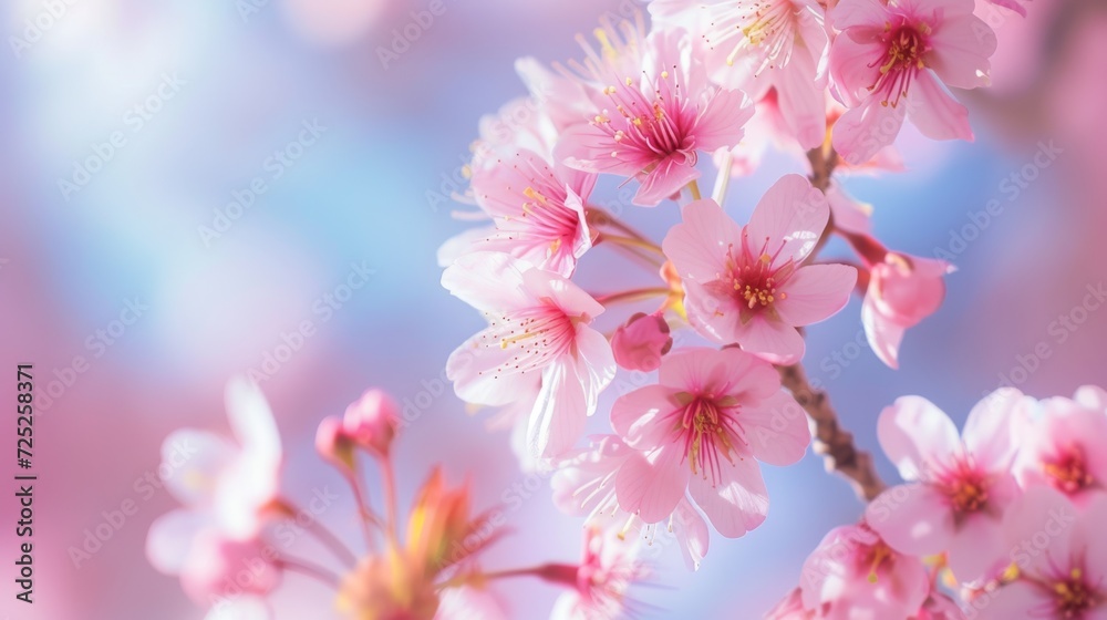 Delicate sakura cherry blossoms in full bloom, showcasing soft pink petals against a blurred background, spring time in Japan