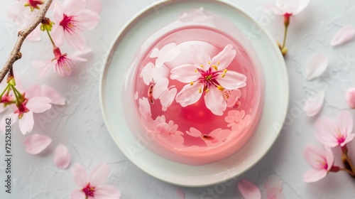 Sakura jelly - a pink agar-agar jelly dome, infused with sakura petal extract for flavor and fragrance, sakura-inspired dessert.
