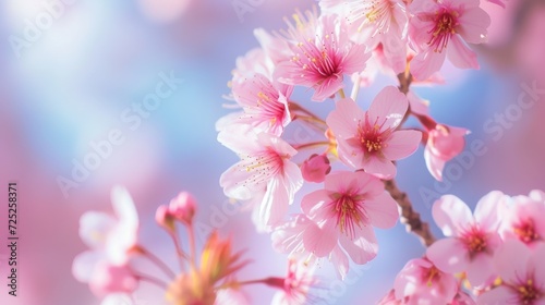 Delicate sakura cherry blossoms in full bloom, showcasing soft pink petals against a blurred background, spring time in Japan © mashimara