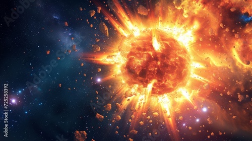 A cosmic explosion amidst asteroids  with radiant energy bursts against the dark backdrop of space.
