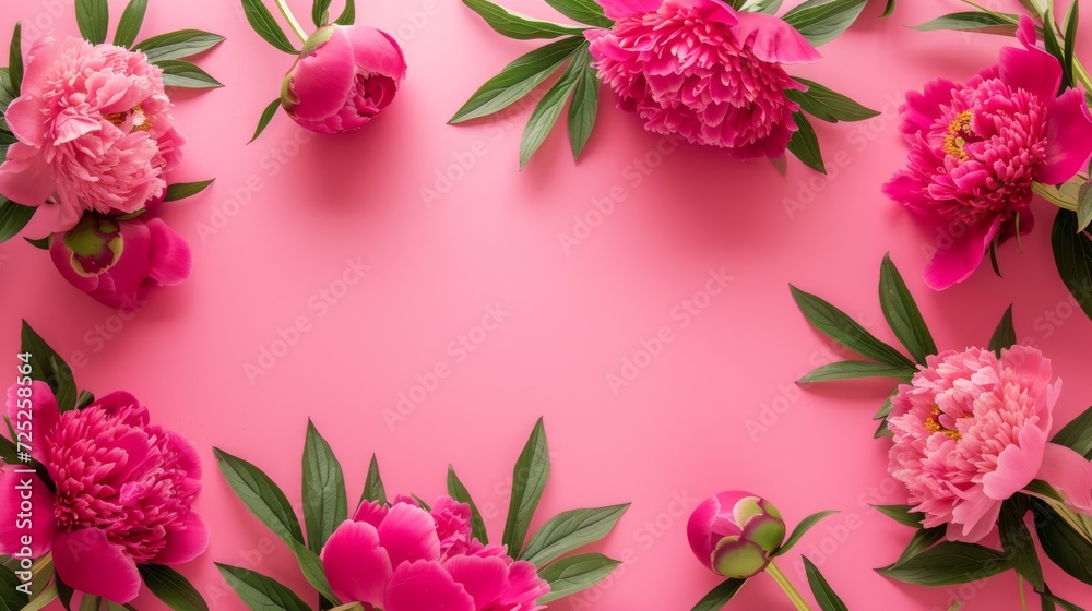 Pink peonies on a pastel pink background, floral frame design, happy mother's day, space for text