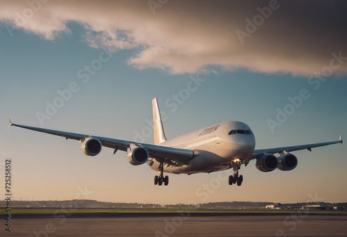 Passanger white plane lands. Airplane on the platform of Airport. Runway. Landing aircraft closeup. Mockup plane with place for text. Cloudy sky. Copy space.