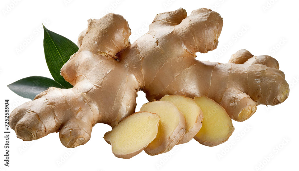 Fototapeta premium Ginger root with leaves isolated on transparent background. Top view.