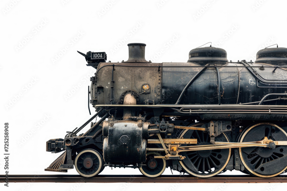 A vintage steam locomotive captured in isolation against a pristine white backdrop