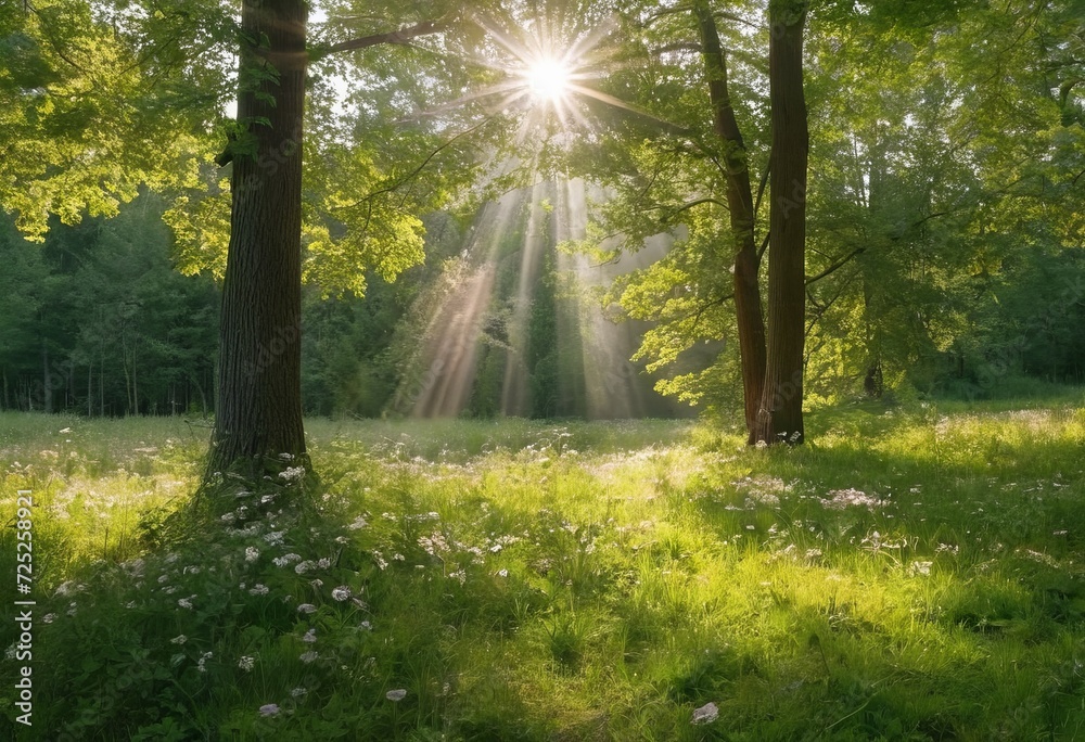 Scenic forest of fresh green deciduous trees framed by leaves, with the sun casting its warm rays through the foliage Scenic forest of fresh green deciduous trees framed by leaves, with the sun casting its warm rays through the foliage