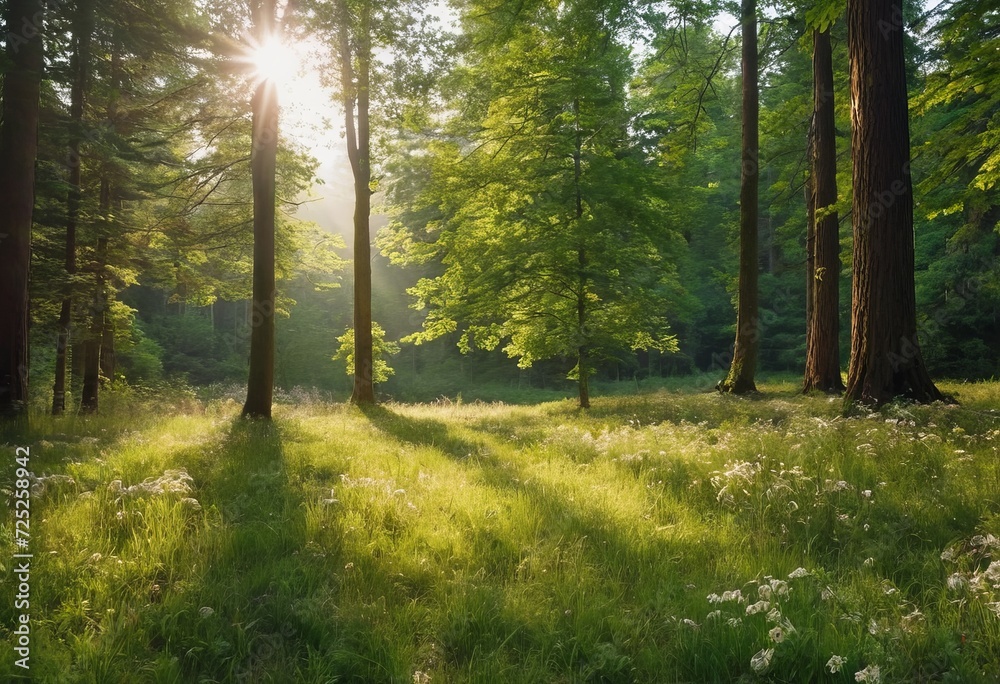 Fototapeta premium Scenic forest of fresh green deciduous trees framed by leaves, with the sun casting its warm rays through the foliage