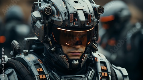 Close-up of a soldier wearing futuristic combat armor with integrated technology