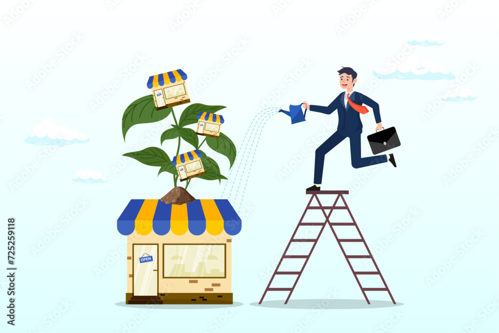 Businessman company leader watering shop growing plant with new shop blooming, growing business, expand shop, entrepreneur to start business building company, raising or develop success plan (Vector) Businessman company leader watering shop growing plant with new shop blooming, growing business, expand shop, entrepreneur to start business building company, raising or develop success plan (Vector)