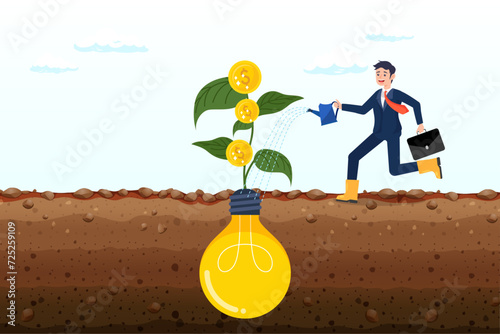 Smart business watering on growing money coin seedling plant from lightbulb idea, monetise idea, make profit from creativity or innovation, earn money thinking, startup or fund raising (Vector)