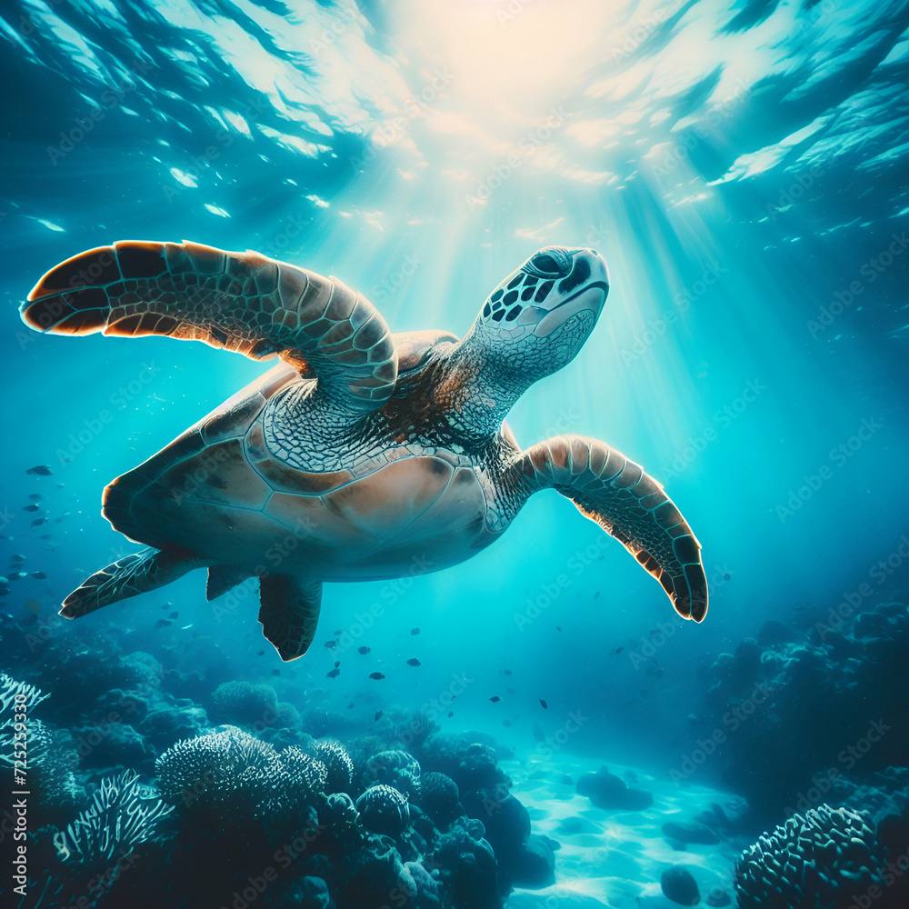 Obraz premium Green sea turtle swimming in the deep blue sea