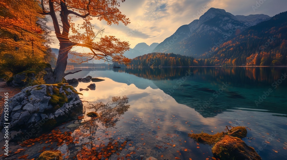 Autumnal scenery with the lake reflecting the natural world