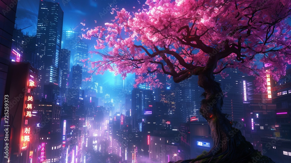 Pink cherry trees, neon lights, residential tower buildings, and a nighttime cityscape are all visible.