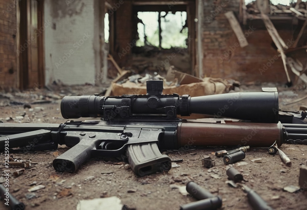 abandoned weapons after fighting on the battlefield, in the shelter abandoned weapons after fighting on the battlefield, in the shelter