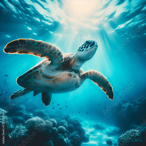 Green sea turtle swimming in the deep blue sea