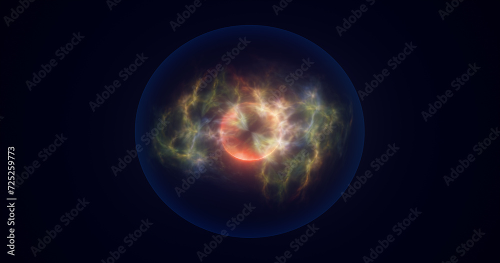 Spinning yellow blue energy sphere digital hi-tech ball futuristic magic circle glowing bright force field abstract background