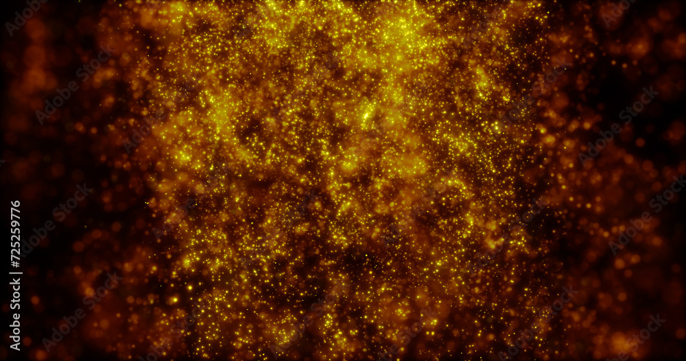 Blurred yellow abstract background of bokeh and small round particles of energy magical holiday flying dots on a black background