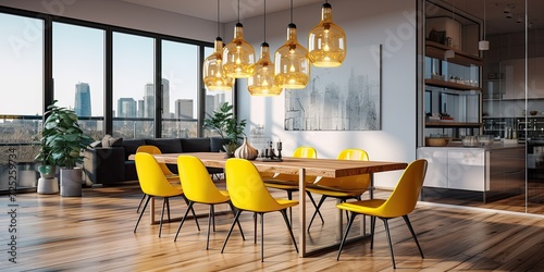 Modern dining area with pendant lights above wooden table and yellow chairs in open apartment with hardwood flooring. © Vusal