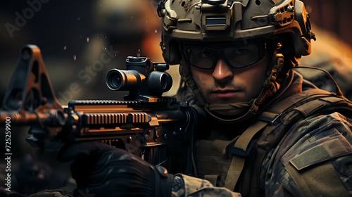 Close-up shot of a soldier holding an advanced assault rifle, highlighting individual equipment details