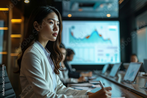 Businesswoman Analyzing Data on Computer Screen