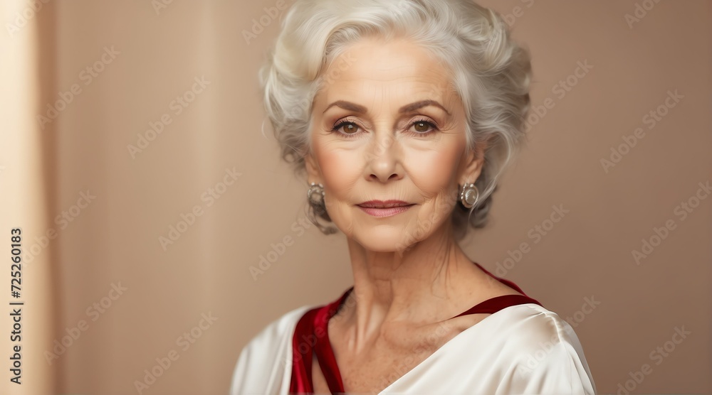 Portrait of beautiful elegant sensual elderly woman wearing white dress plain on beige background from Generative AI