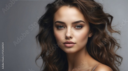 Portrait of beautiful young woman with clean fresh skin on plain background, skin care ad concept from Generative AI