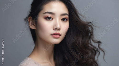 Portrait of beautiful young chinese woman with clean fresh skin on plain background, skin care ad concept from Generative AI