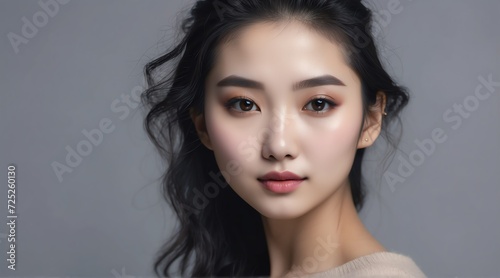 Portrait of beautiful young chinese woman with clean fresh skin on plain background, skin care ad concept from Generative AI